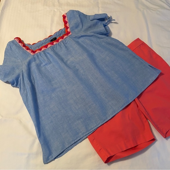 Talbots Blue Linen Top Crochet Trim Pink Coral Short Tie Sleeve Blouse size 2XP - Picture 16 of 16